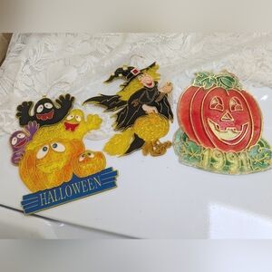 Lot Of 3 Vintage Plastic Halloween Sun Catchers Pumpkin Witch Ghosts